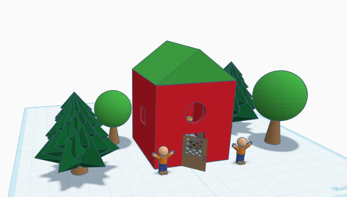 Дом в окружении деревьев и персонажей в Tinkercad
