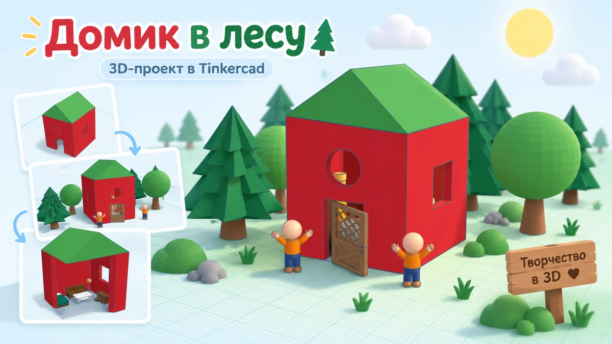 Готовый проект дома в лесу, созданный в Tinkercad
